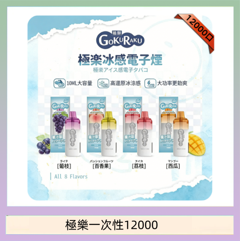 【8種口味】極楽 12000口一次性電子煙|超大容量 |口感絲滑|新品